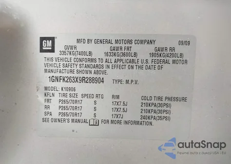 2009 Chevrolet Suburban 1500 Lt2 из США, поврежденный, VIN 1GNFK263X9R288904